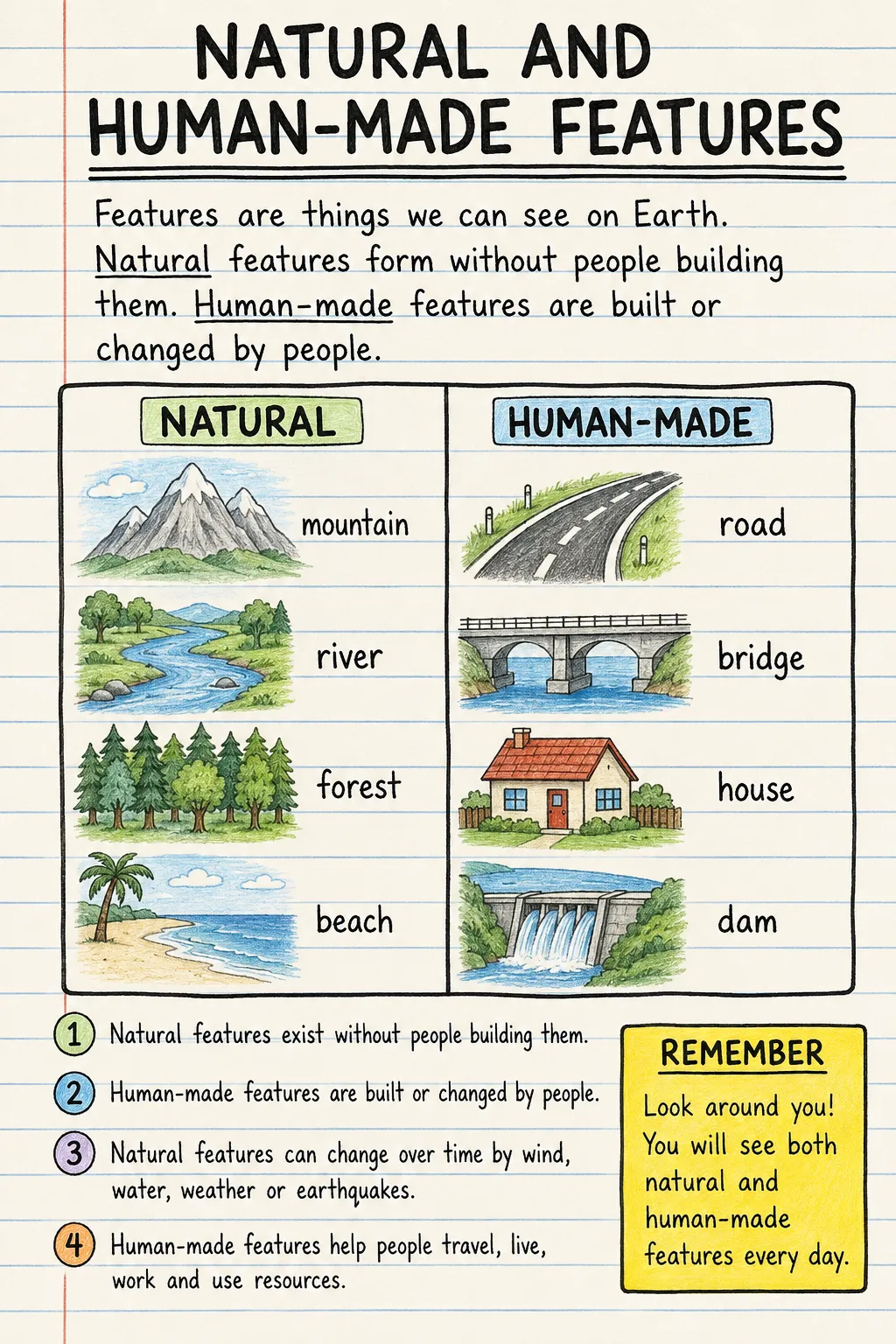 Natural and human-made features: a handwritten, illustrated one-page guide for primary school.