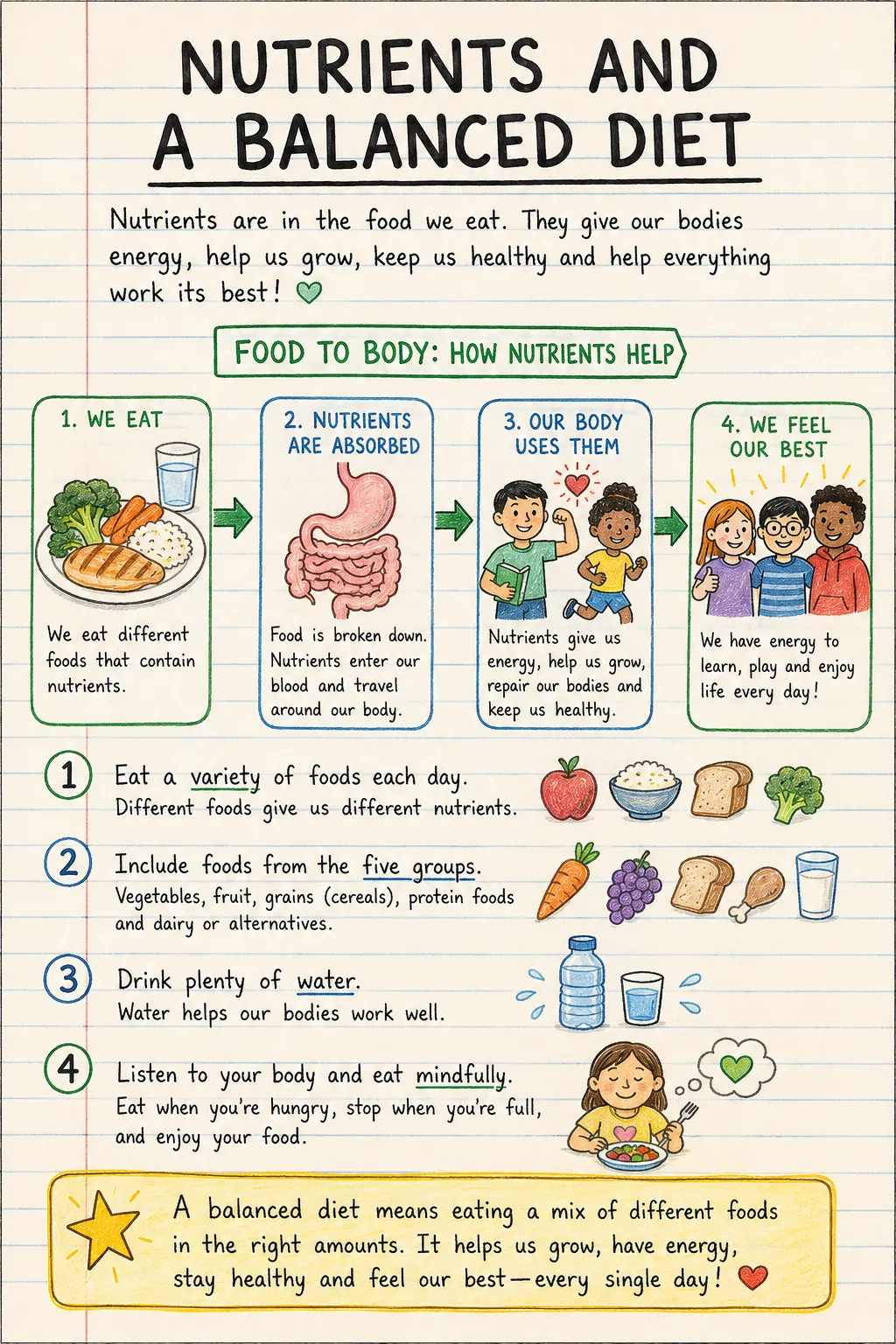 Nutrients and a balanced diet: a handwritten, illustrated one-page guide for primary school.