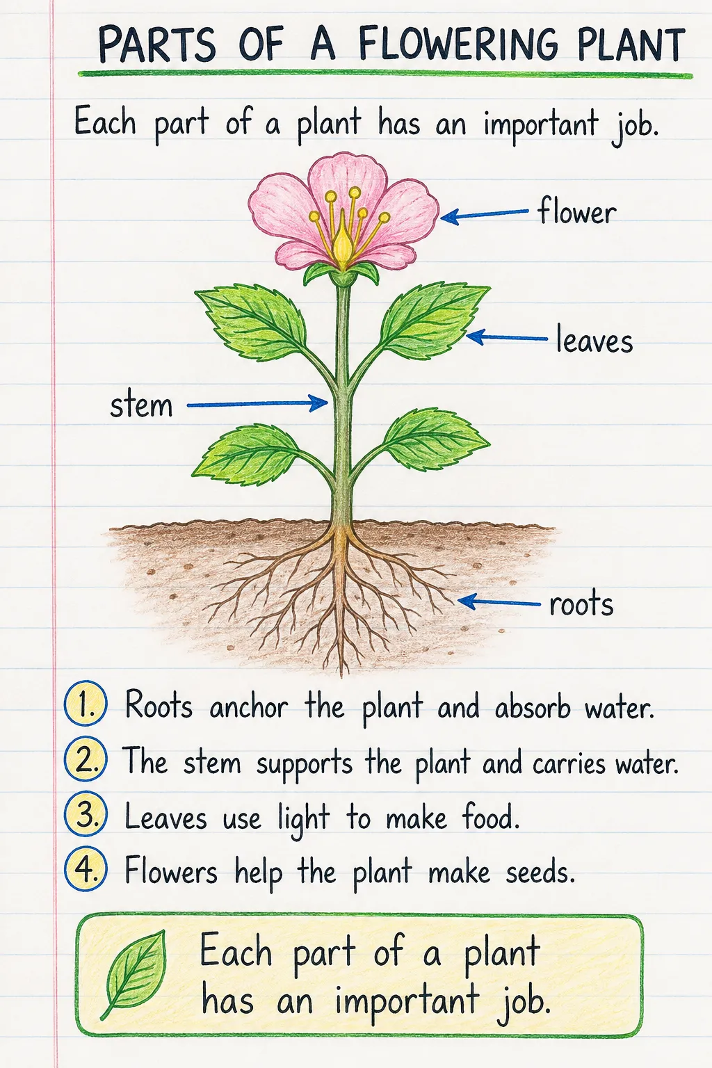 Parts of a flowering plant : une fiche manuscrite illustrée d’une page pour le primaire. Texte de l’image en anglais.