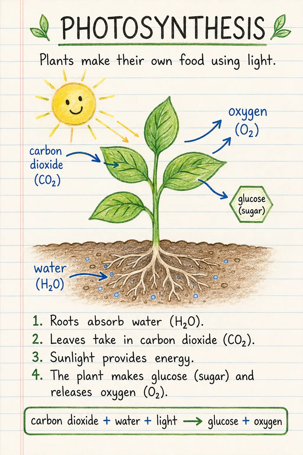 Photosynthesis: a handwritten, illustrated one-page guide for primary school.