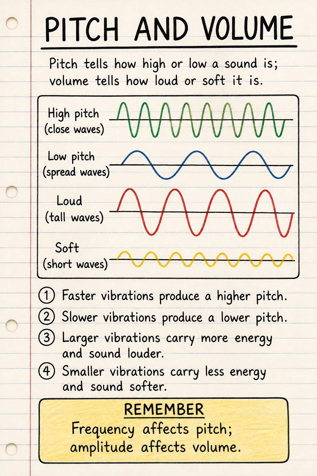 Pitch and volume: a handwritten, illustrated one-page guide for primary school.