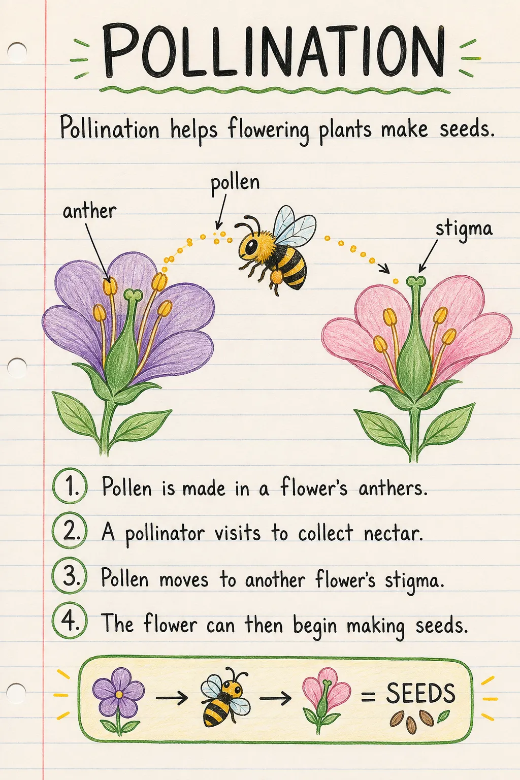 Pollination: una ficha manuscrita ilustrada de una página para primaria. El texto de la imagen está en inglés.