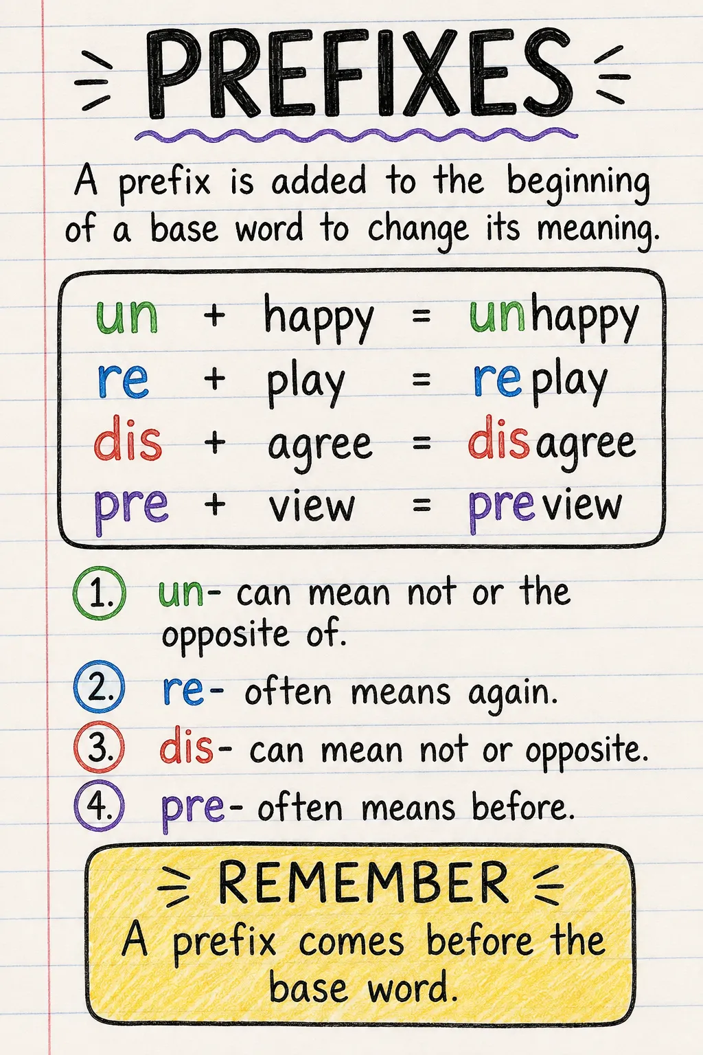 Prefixes: una ficha manuscrita ilustrada de una página para primaria. El texto de la imagen está en inglés.