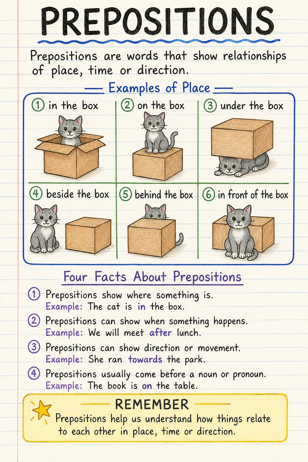 Prepositions: a handwritten, illustrated one-page guide for primary school.