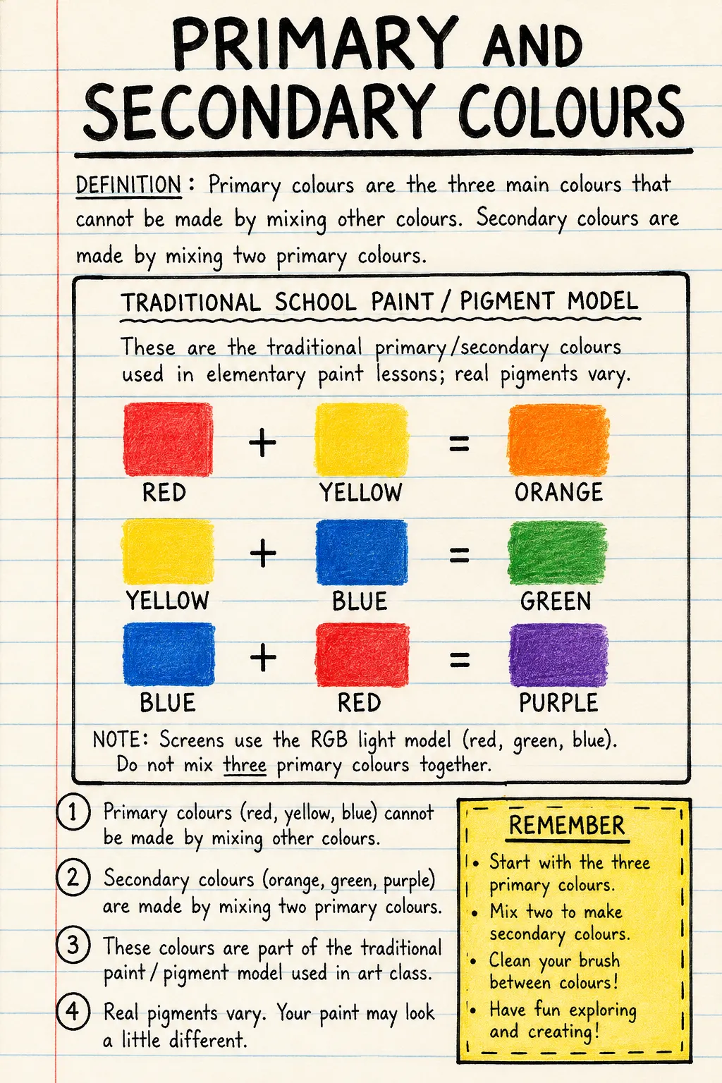 Primary and secondary colours: a handwritten, illustrated one-page guide for primary school.