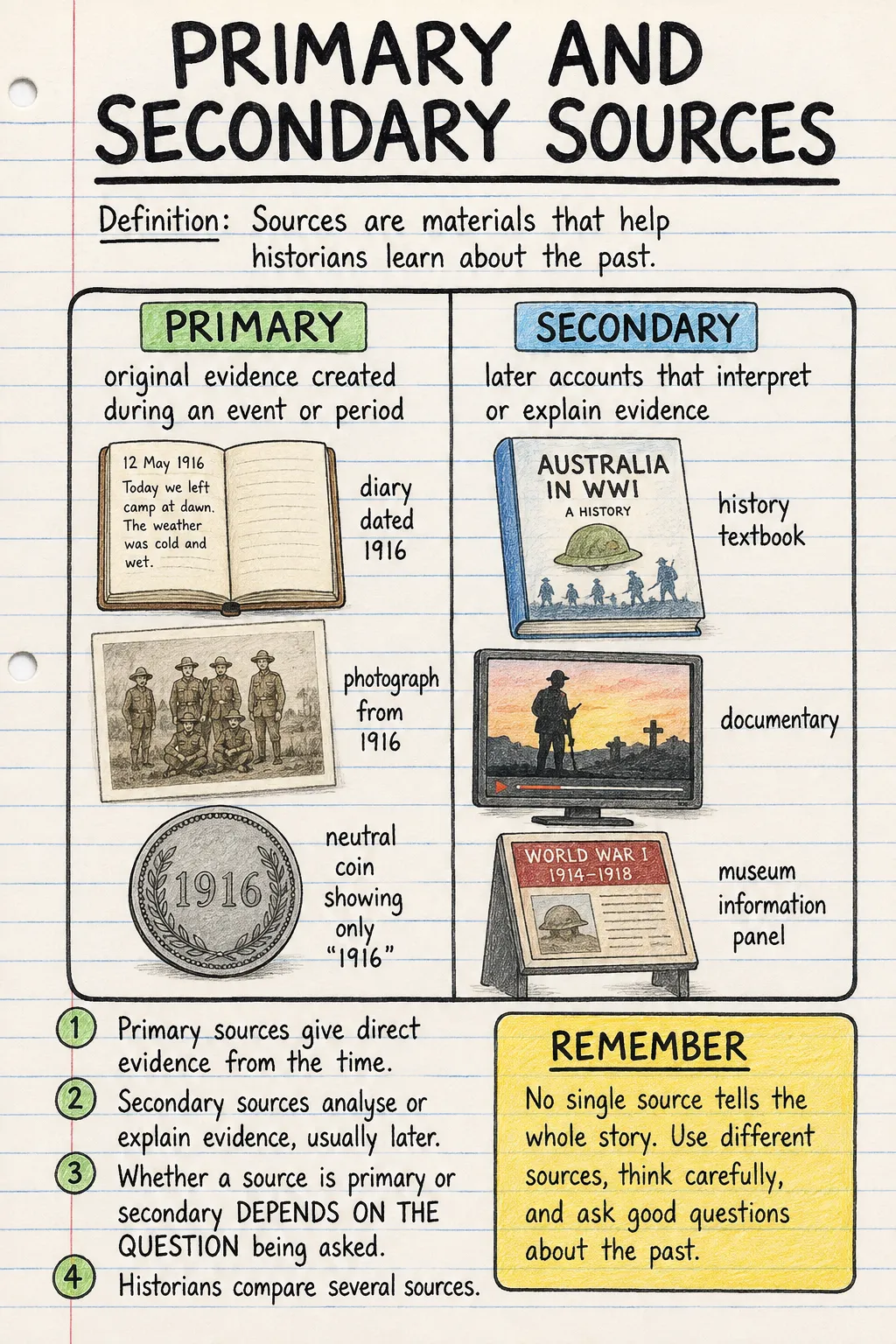 Primary and secondary sources: a handwritten, illustrated one-page guide for primary school.
