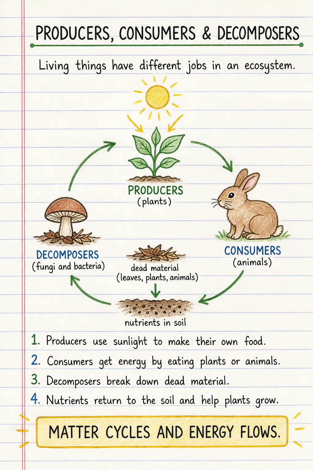 Producers, consumers and decomposers: a handwritten, illustrated one-page guide for primary school.