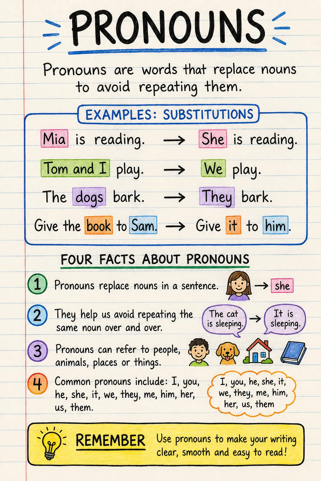 Pronouns: a handwritten, illustrated one-page guide for primary school.