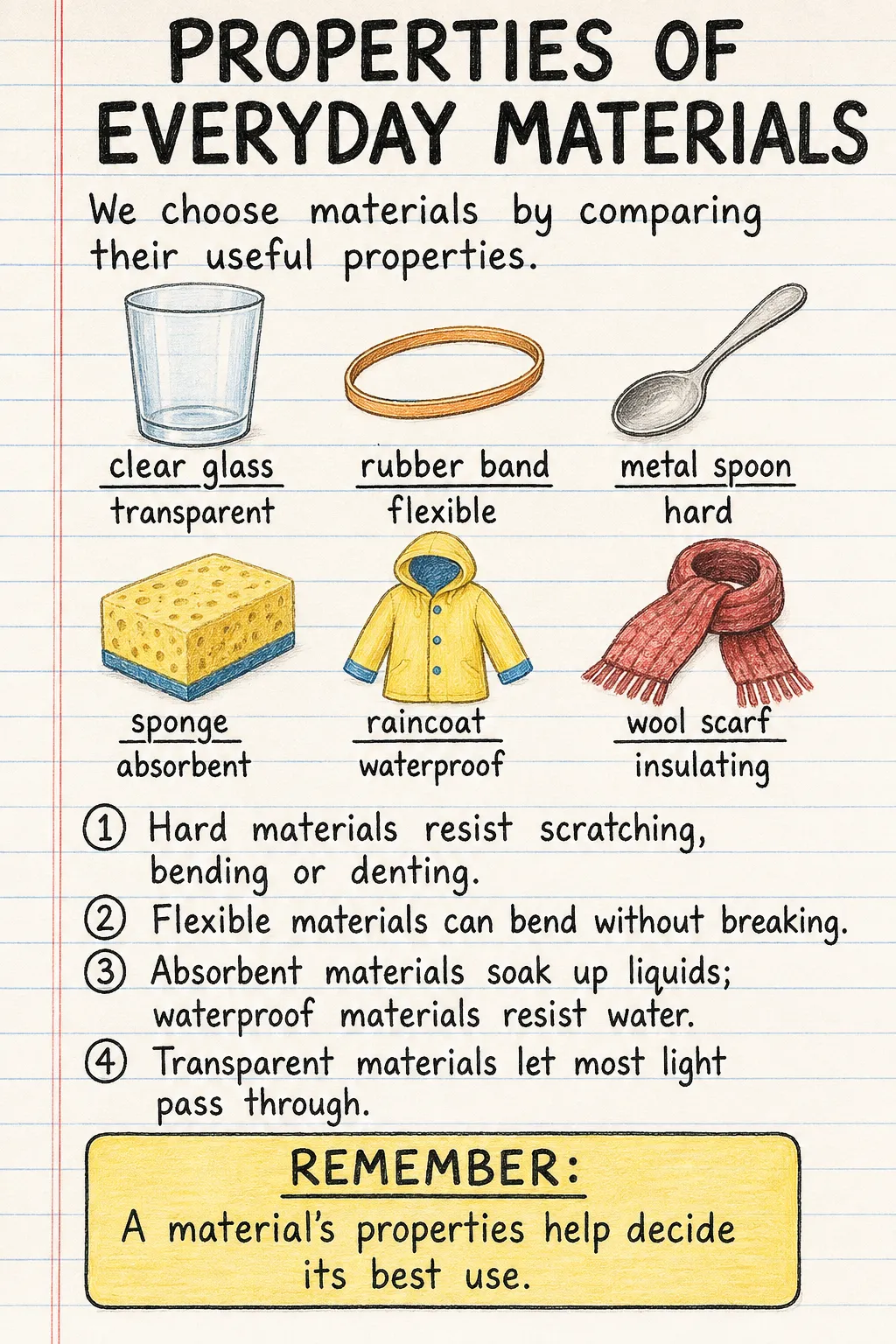 Properties of everyday materials: a handwritten, illustrated one-page guide for primary school.