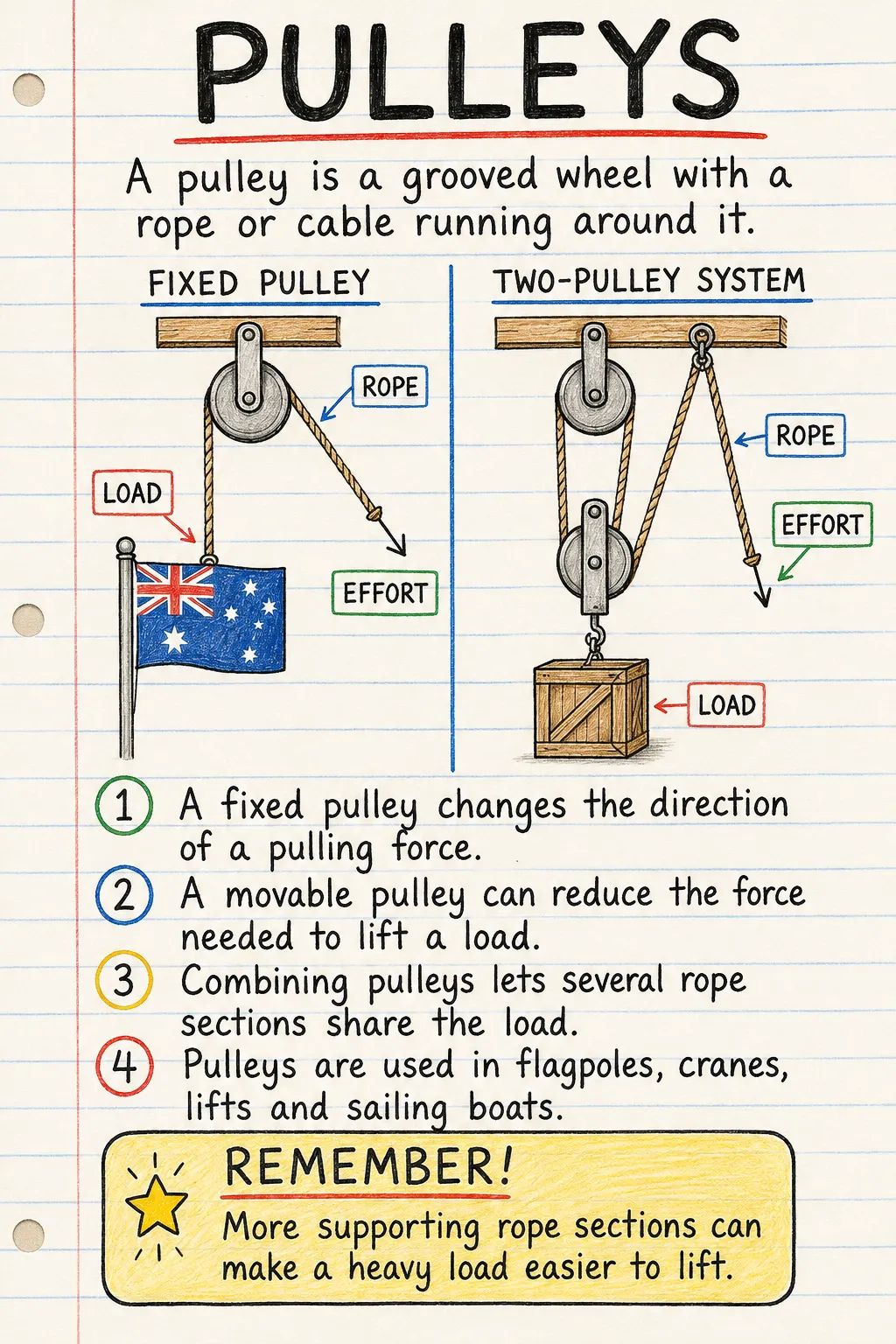 Pulleys: a handwritten, illustrated one-page guide for primary school.