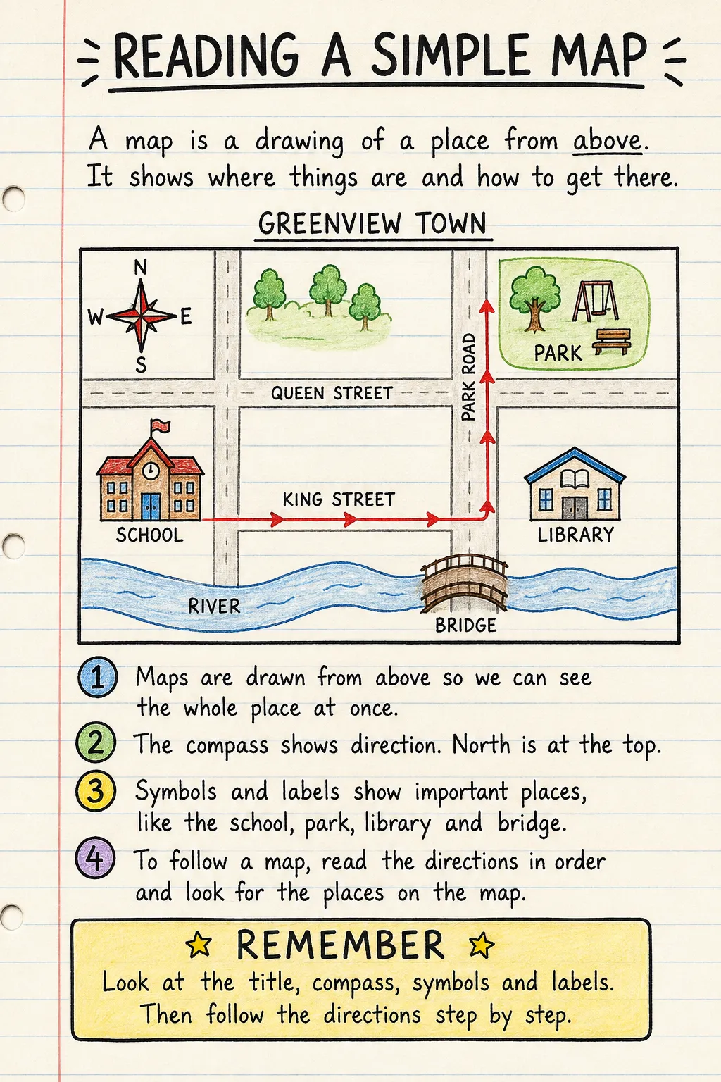 Reading a simple map: a handwritten, illustrated one-page guide for primary school.