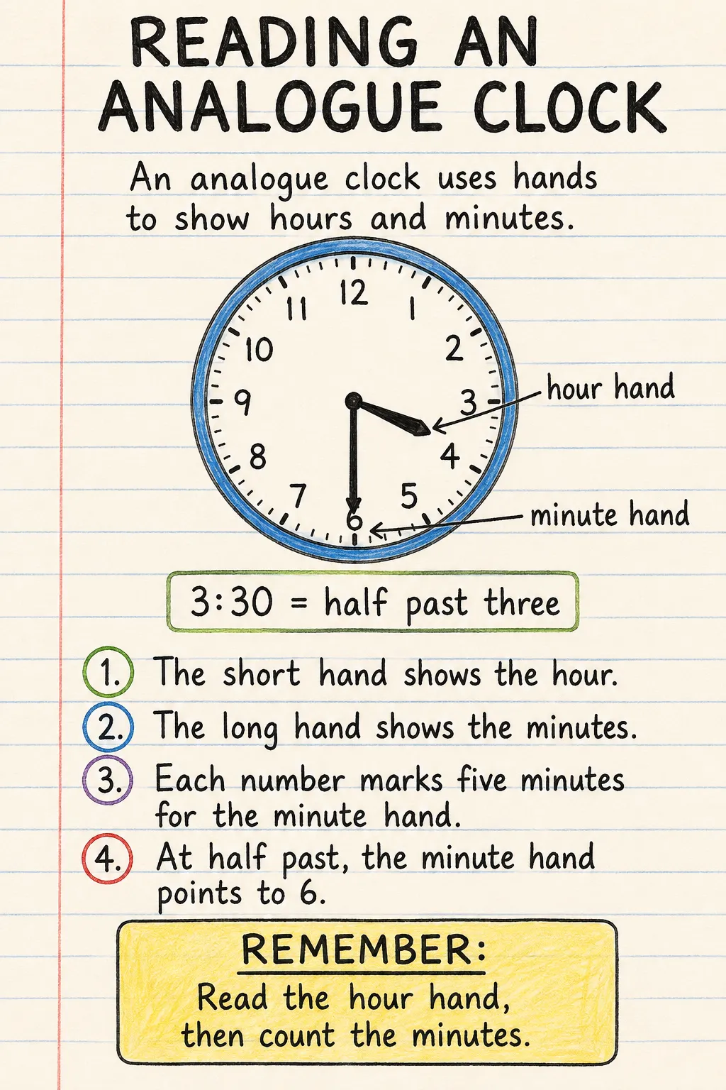 Reading an analogue clock: a handwritten, illustrated one-page guide for primary school.