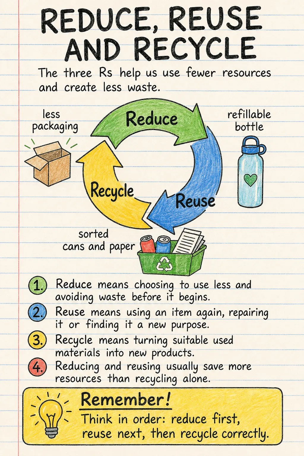 Reduce, reuse and recycle: a handwritten, illustrated one-page guide for primary school.