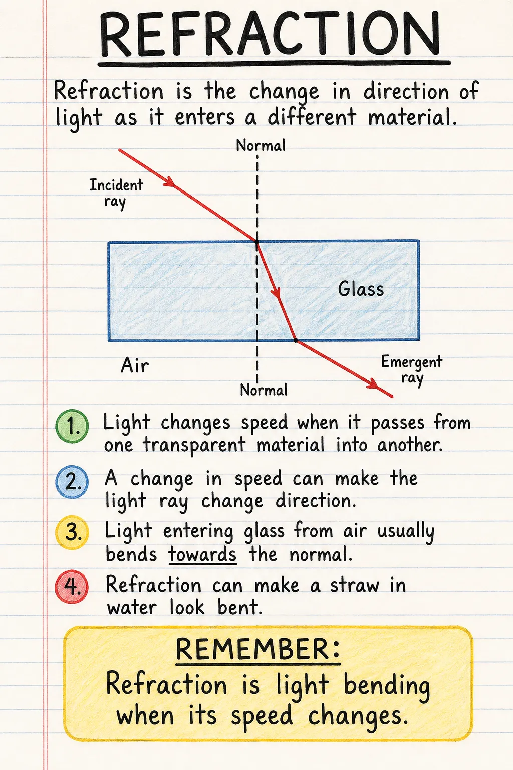 Refraction: una ficha manuscrita ilustrada de una página para primaria. El texto de la imagen está en inglés.