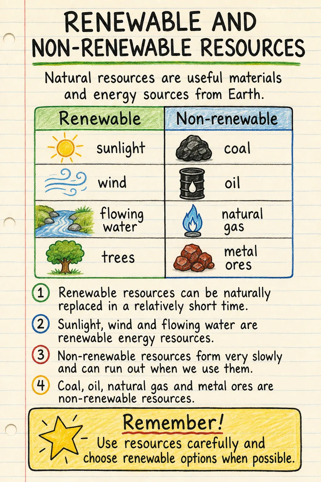 Renewable and non-renewable resources: a handwritten, illustrated one-page guide for primary school.