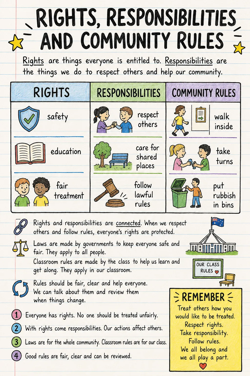 Rights, responsibilities and community rules: a handwritten, illustrated one-page guide for primary school.