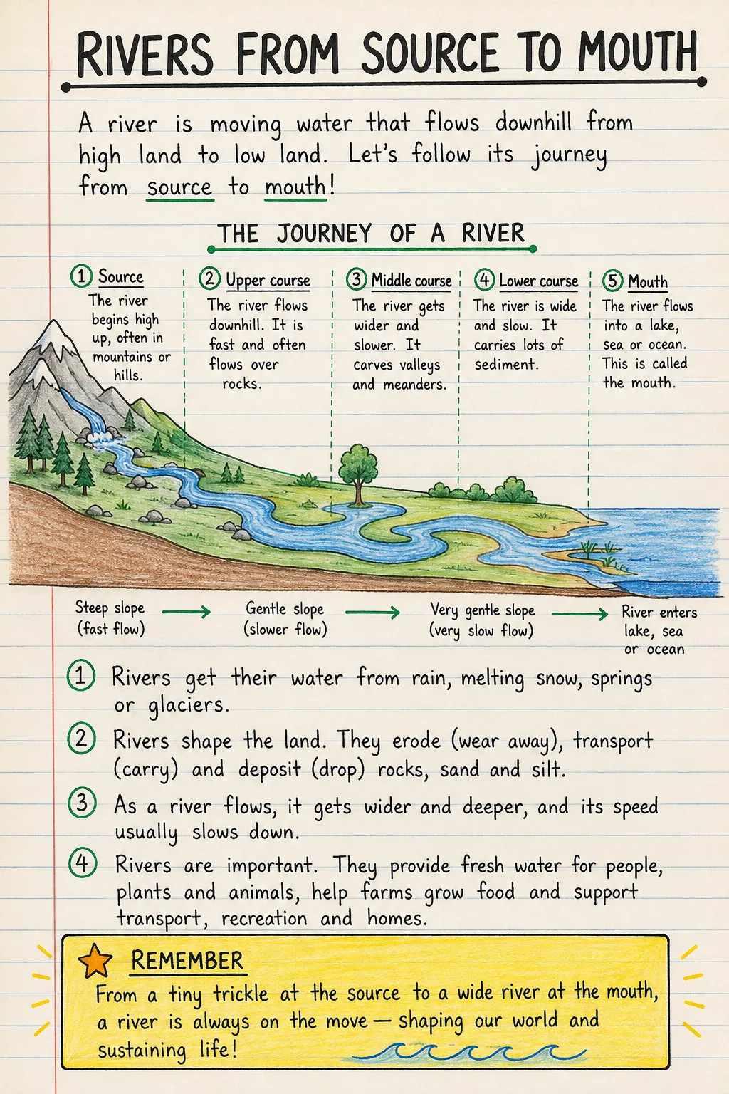 Rivers from source to mouth: a handwritten, illustrated one-page guide for primary school.