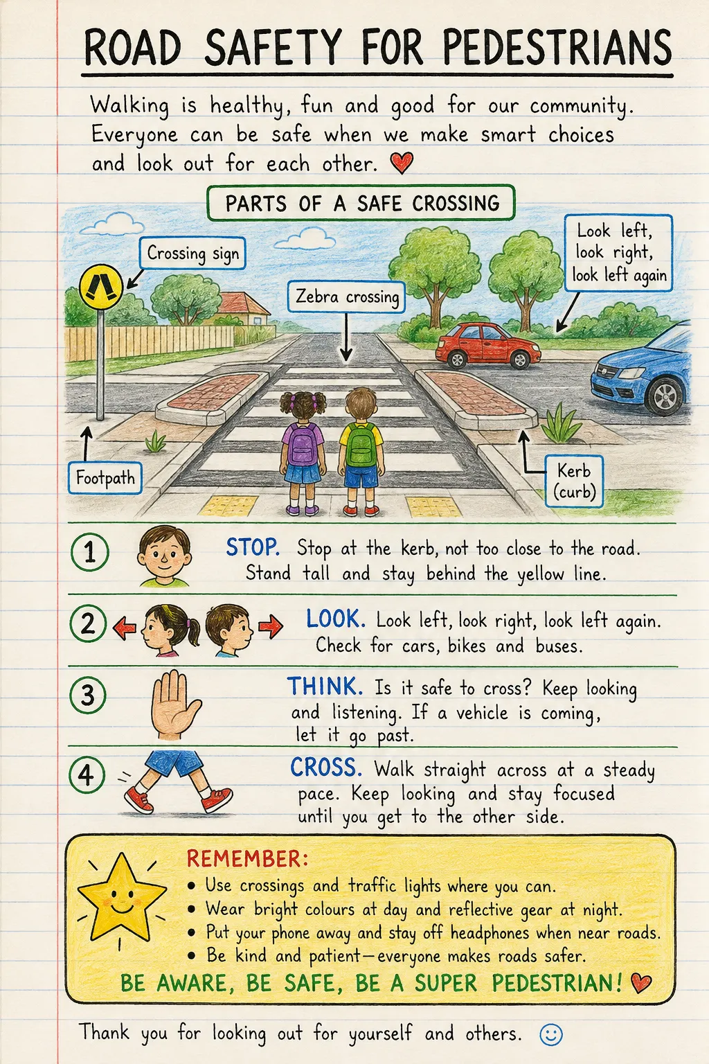 Road safety for pedestrians: a handwritten, illustrated one-page guide for primary school.