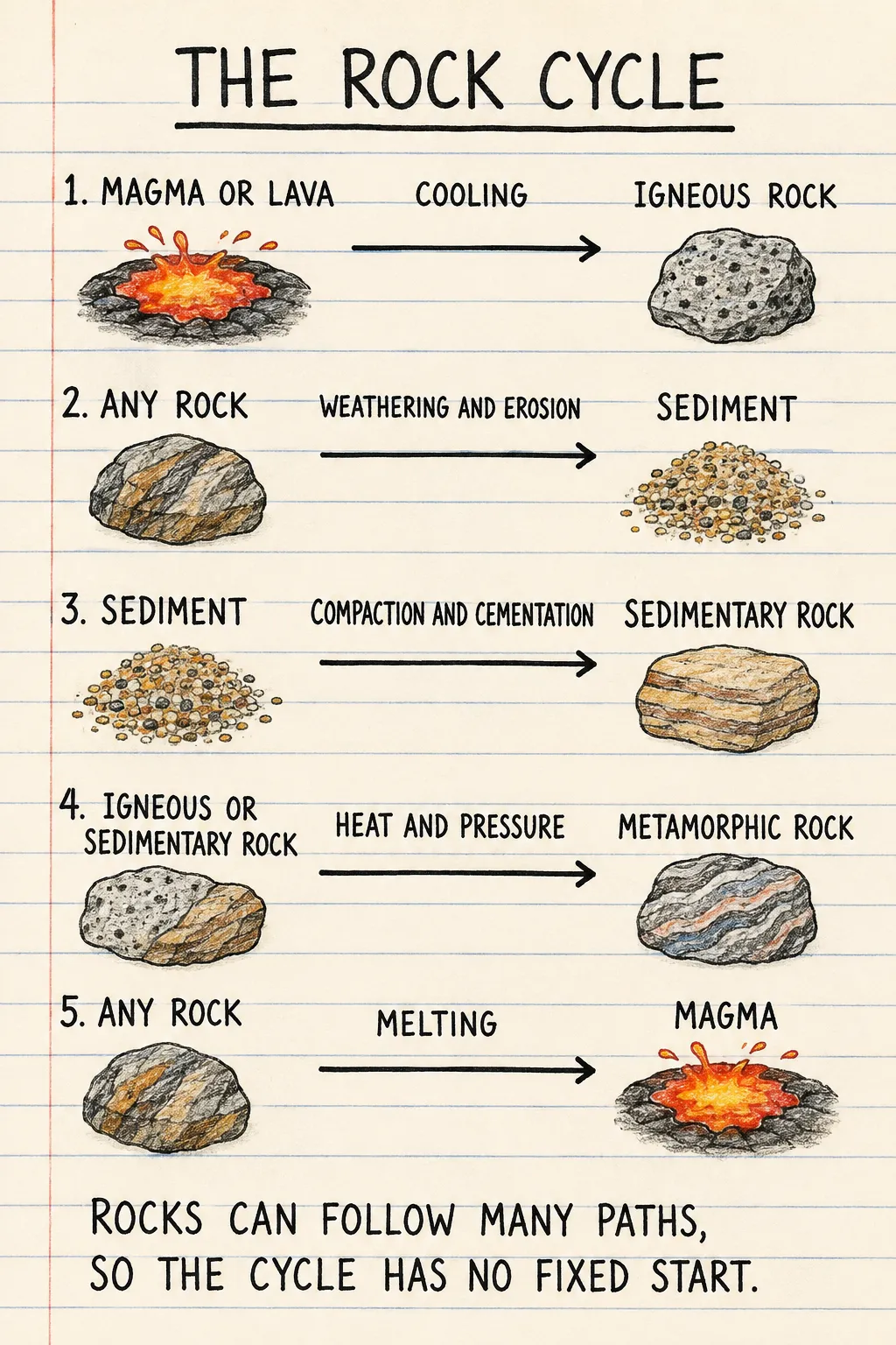The rock cycle: a handwritten, illustrated one-page guide for primary school.