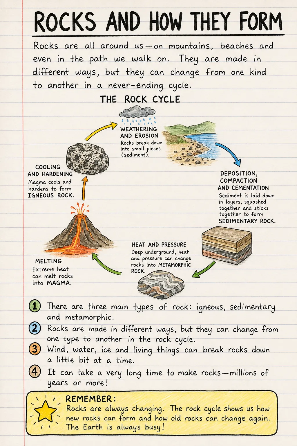 Rocks and how they form: a handwritten, illustrated one-page guide for primary school.
