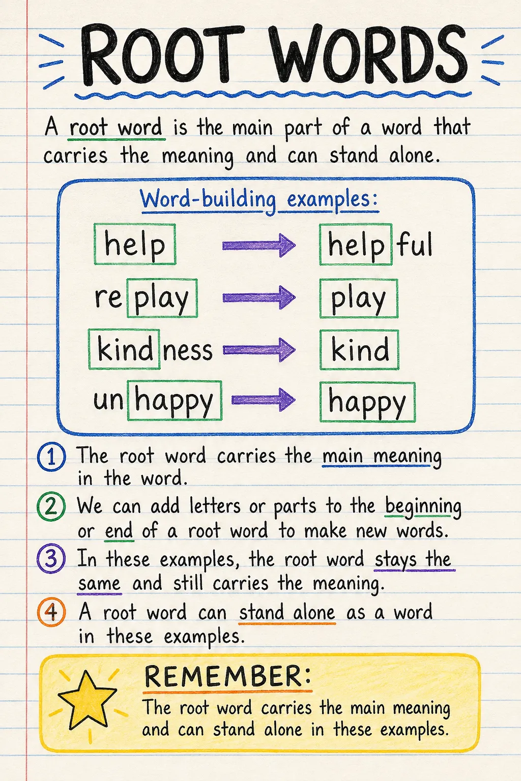Root words: una ficha manuscrita ilustrada de una página para primaria. El texto de la imagen está en inglés.