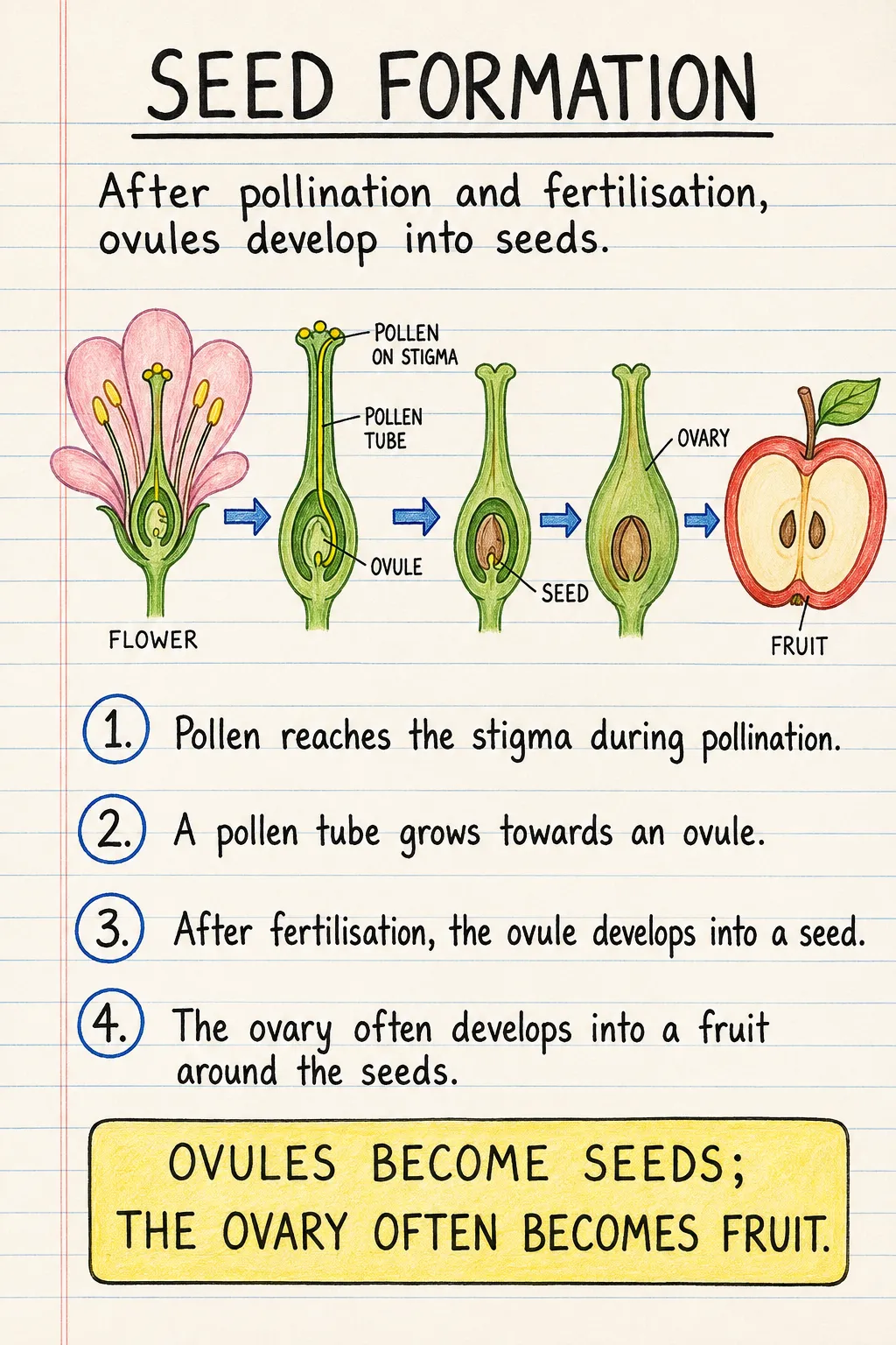 Seed formation: a handwritten, illustrated one-page guide for primary school.