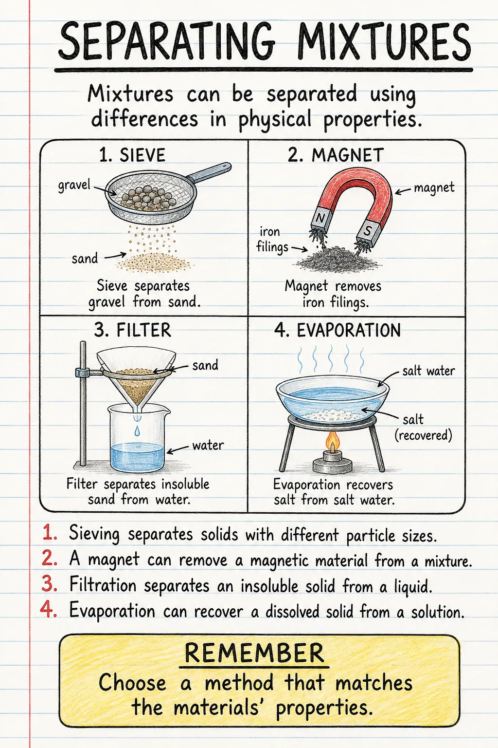Separating mixtures: a handwritten, illustrated one-page guide for primary school.