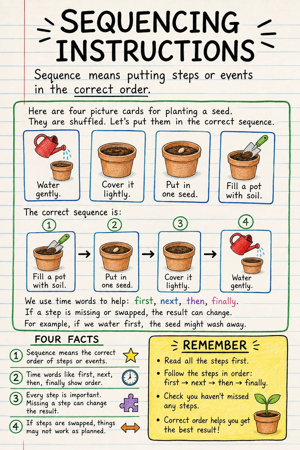 Sequencing instructions: a handwritten, illustrated one-page guide for primary school.