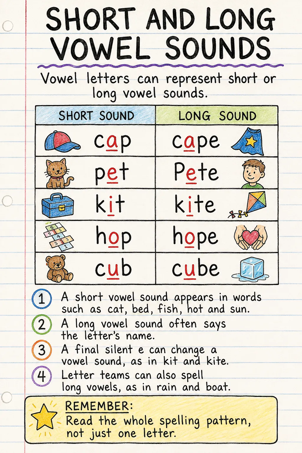 Short and long vowel sounds: a handwritten, illustrated one-page guide for primary school.