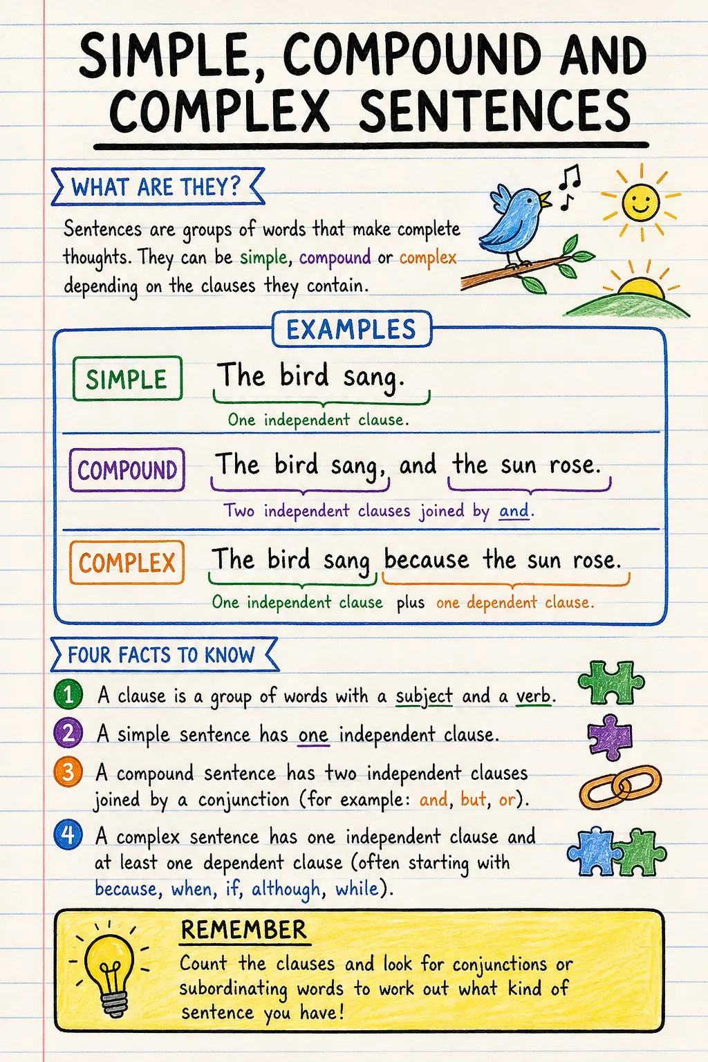 Simple, compound and complex sentences: a handwritten, illustrated one-page guide for primary school.