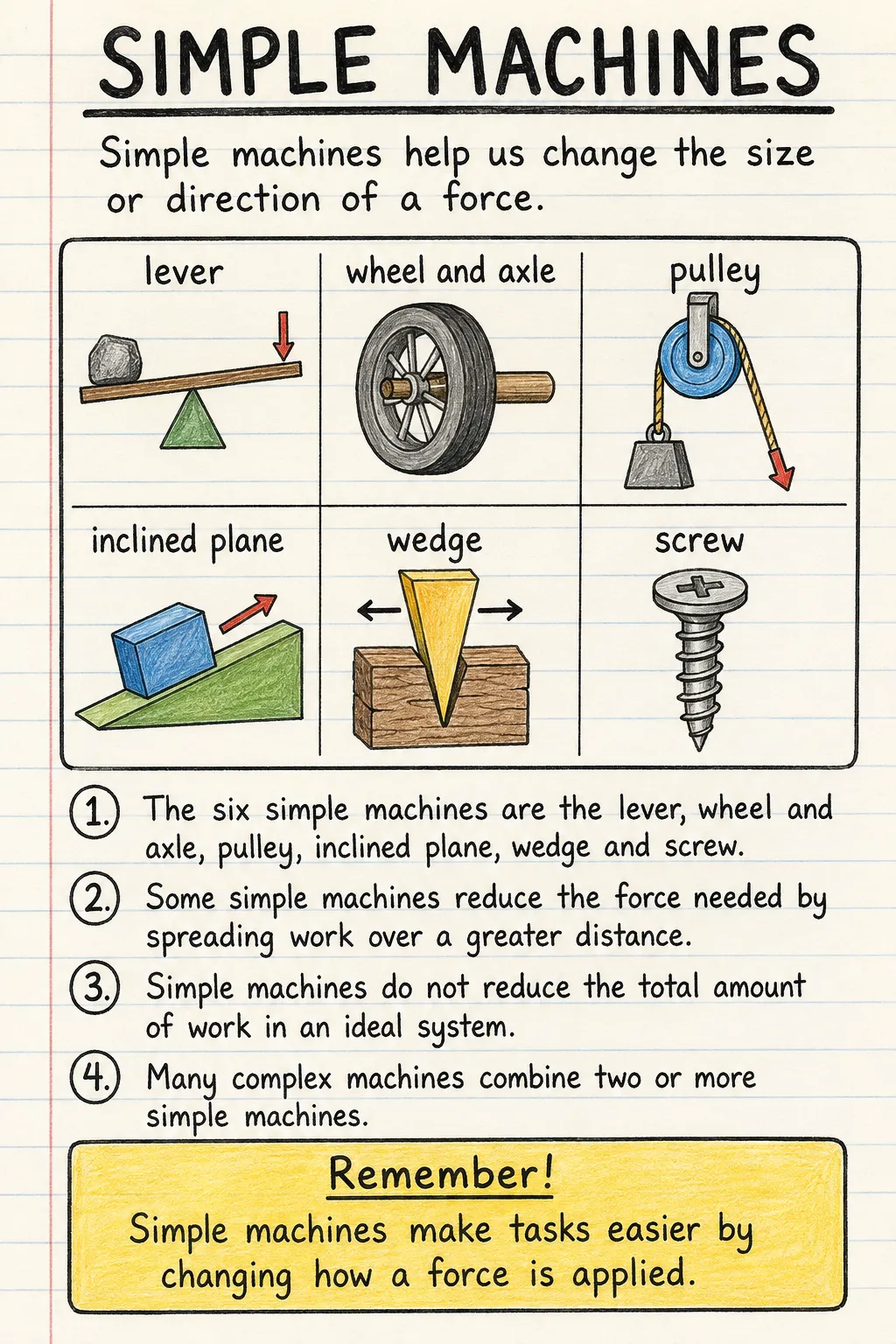 Simple machines: a handwritten, illustrated one-page guide for primary school.