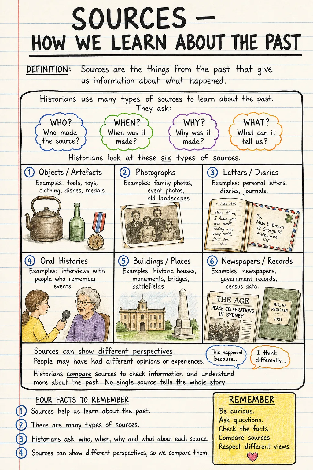 Sources: how we learn about the past: a handwritten, illustrated one-page guide for primary school.