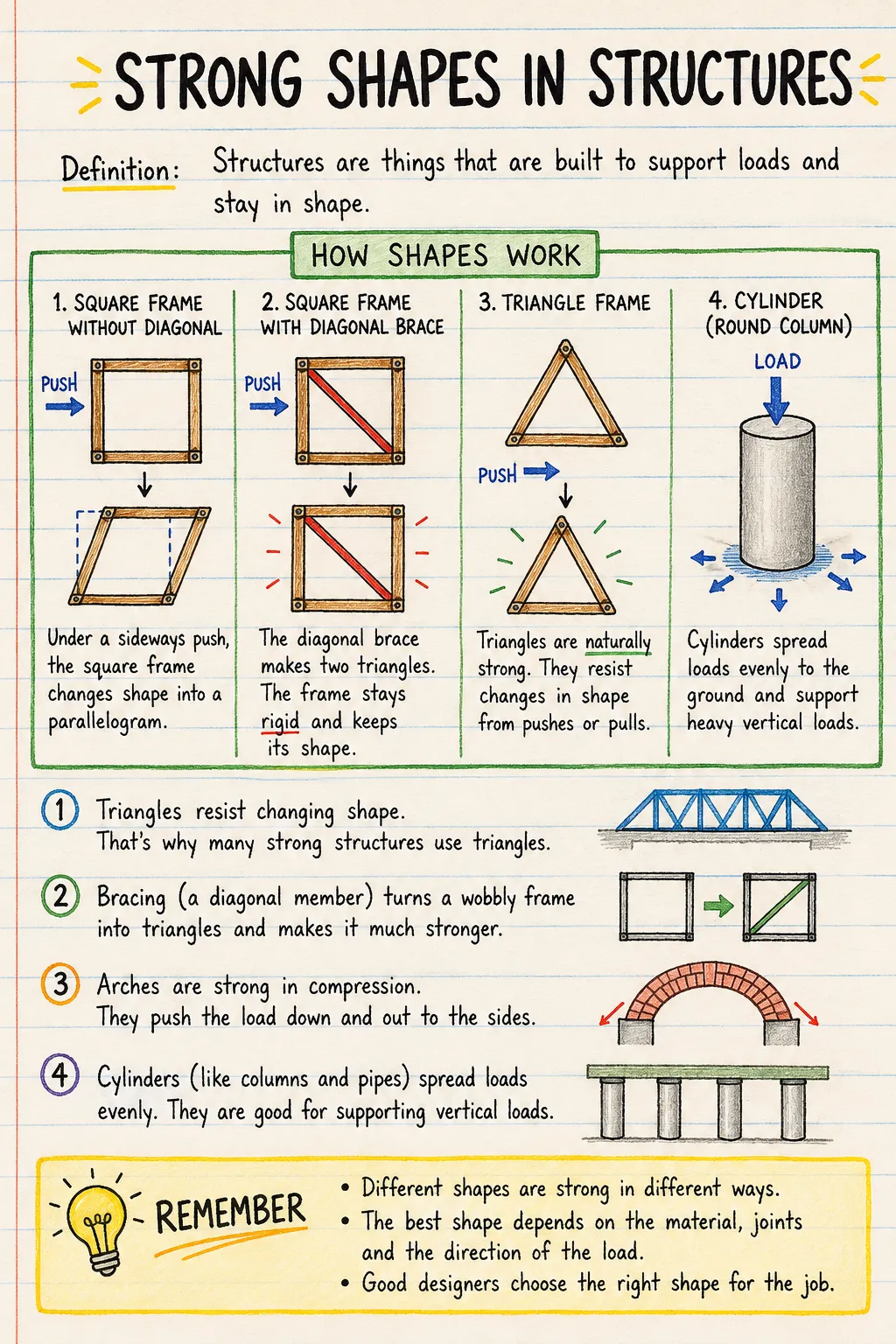 Strong shapes in structures: a handwritten, illustrated one-page guide for primary school.