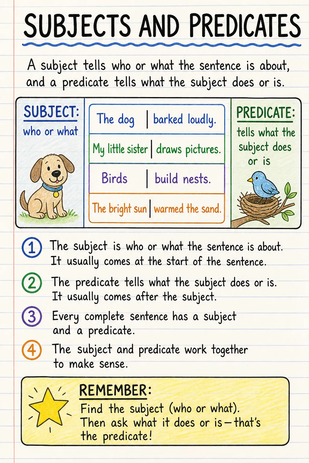 Subjects and predicates: a handwritten, illustrated one-page guide for primary school.