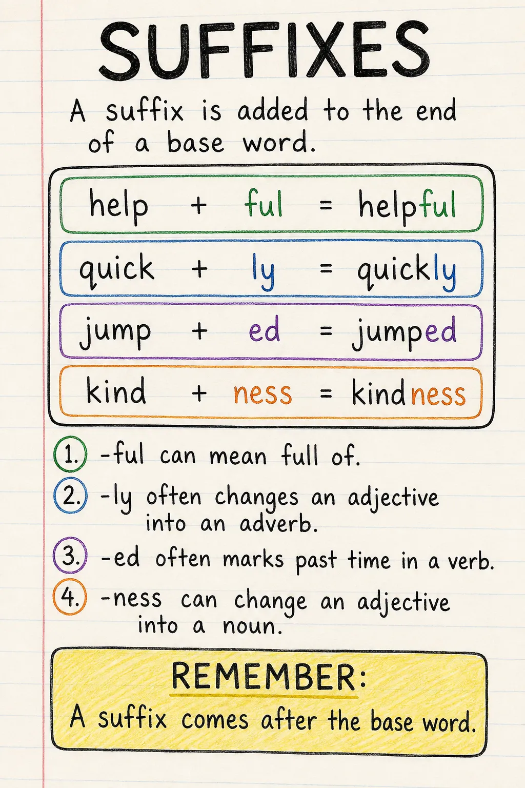 Suffixes: a handwritten, illustrated one-page guide for primary school.