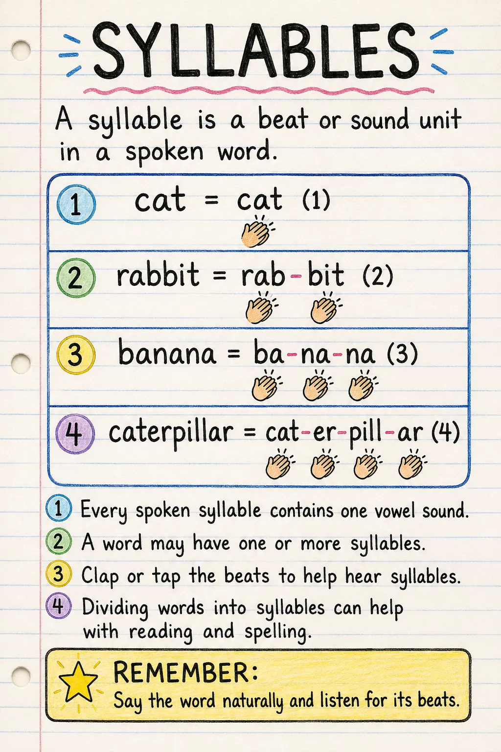 Syllables: a handwritten, illustrated one-page guide for primary school.