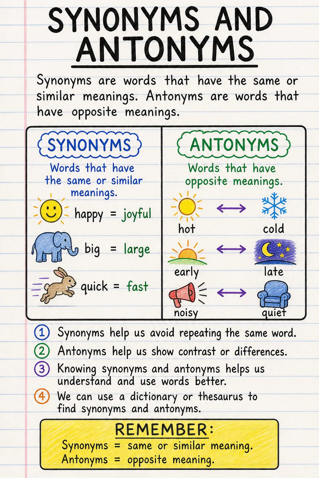 Synonyms and antonyms: a handwritten, illustrated one-page guide for primary school.