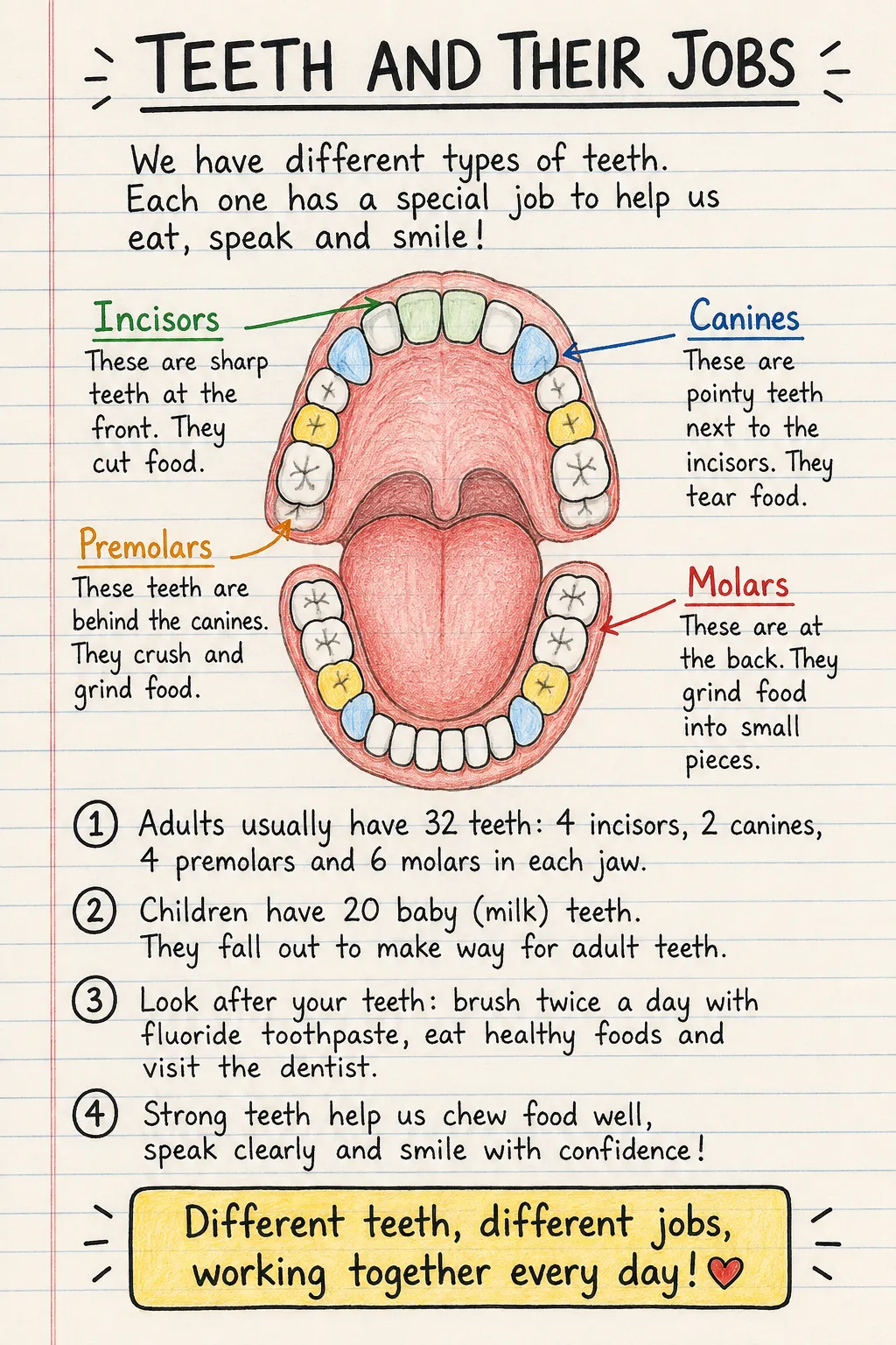 Teeth and their jobs: una ficha manuscrita ilustrada de una página para primaria. El texto de la imagen está en inglés.