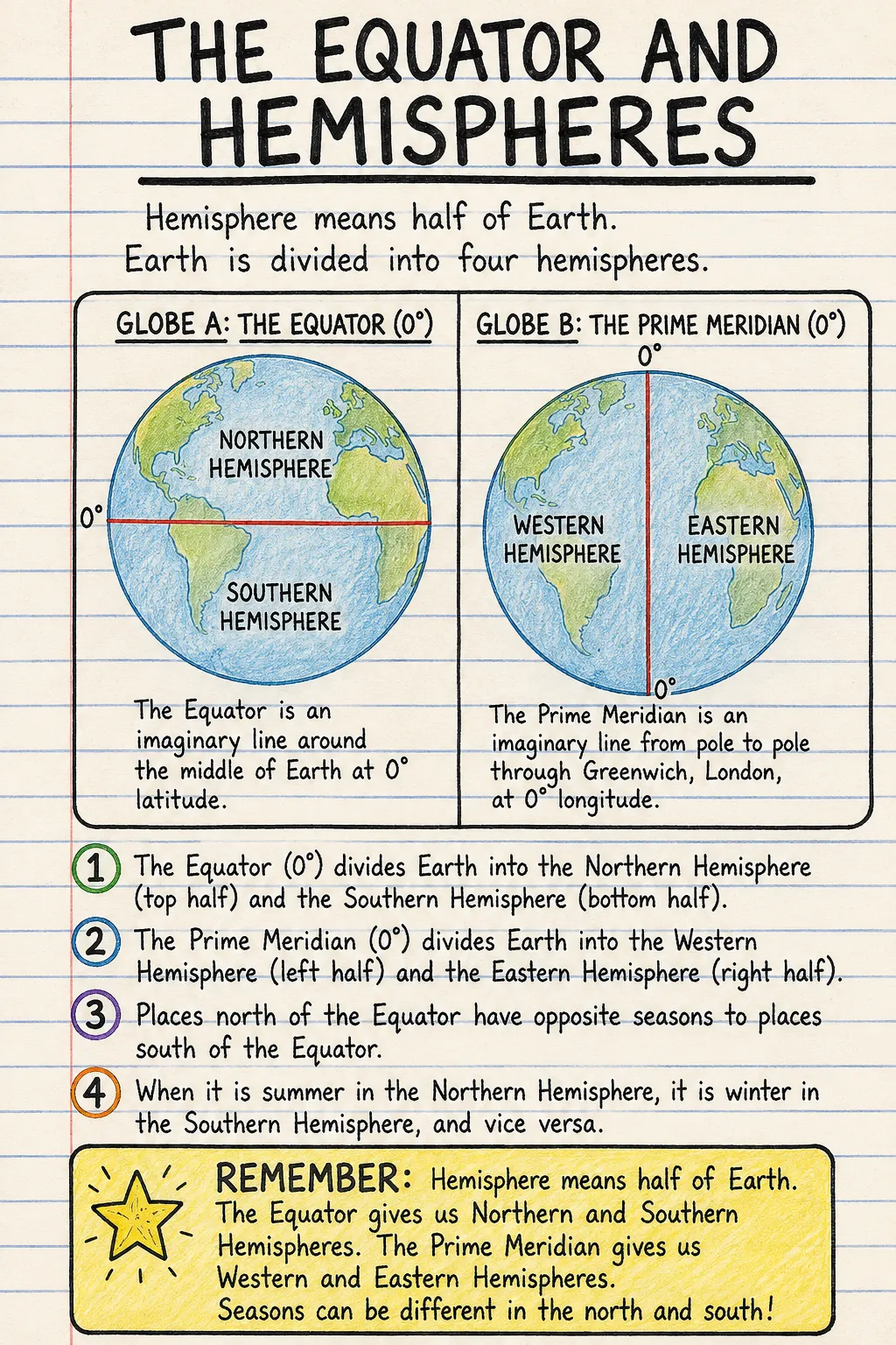 The Equator and hemispheres: a handwritten, illustrated one-page guide for primary school.
