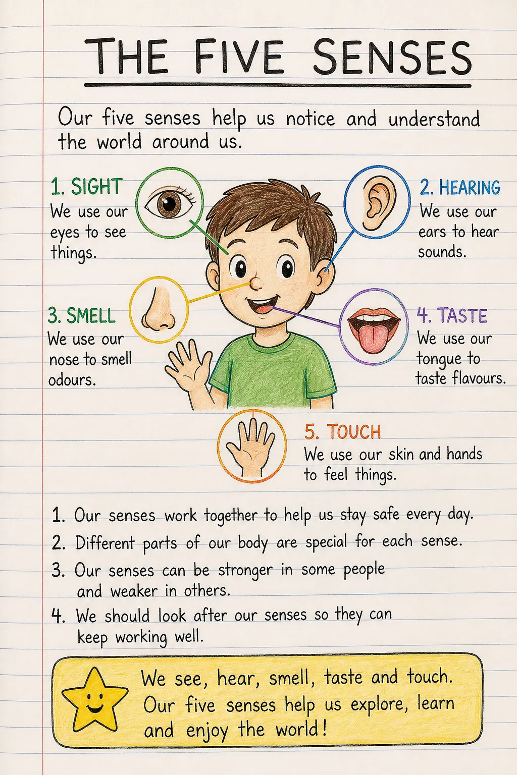 The five senses: a handwritten, illustrated one-page guide for primary school.
