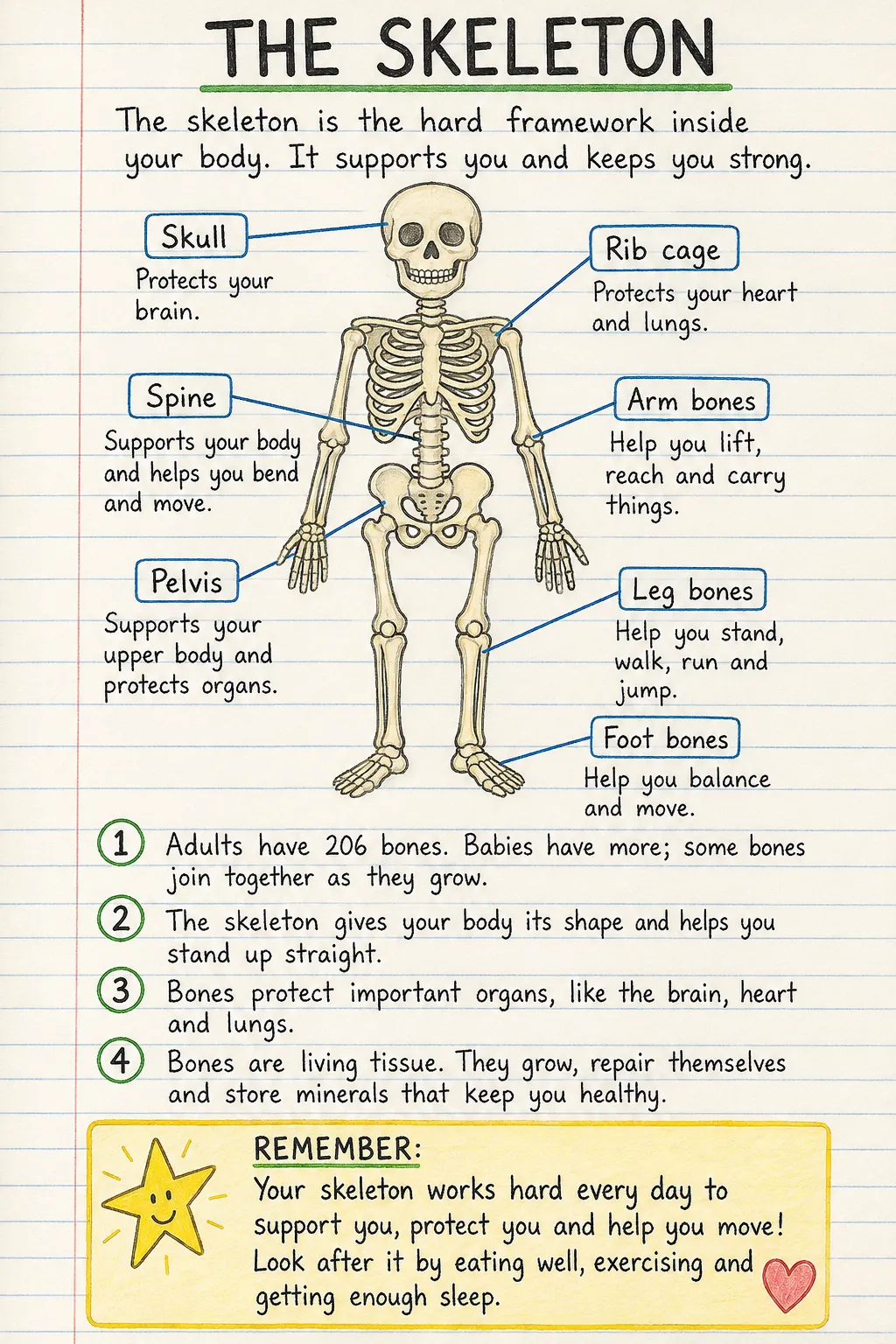 The skeleton: a handwritten, illustrated one-page guide for primary school.