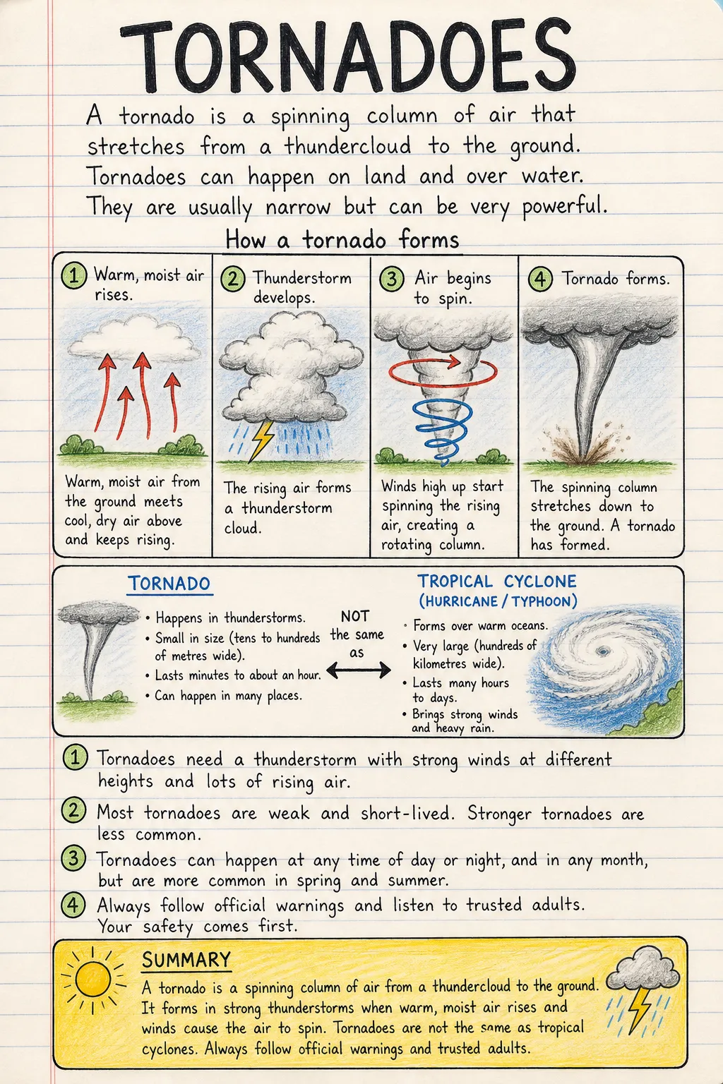 Tornadoes: una ficha manuscrita ilustrada de una página para primaria. El texto de la imagen está en inglés.