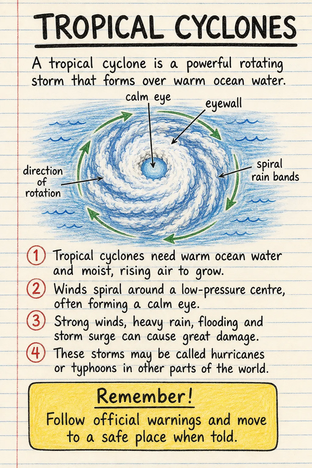 Tropical cyclones: a handwritten, illustrated one-page guide for primary school.