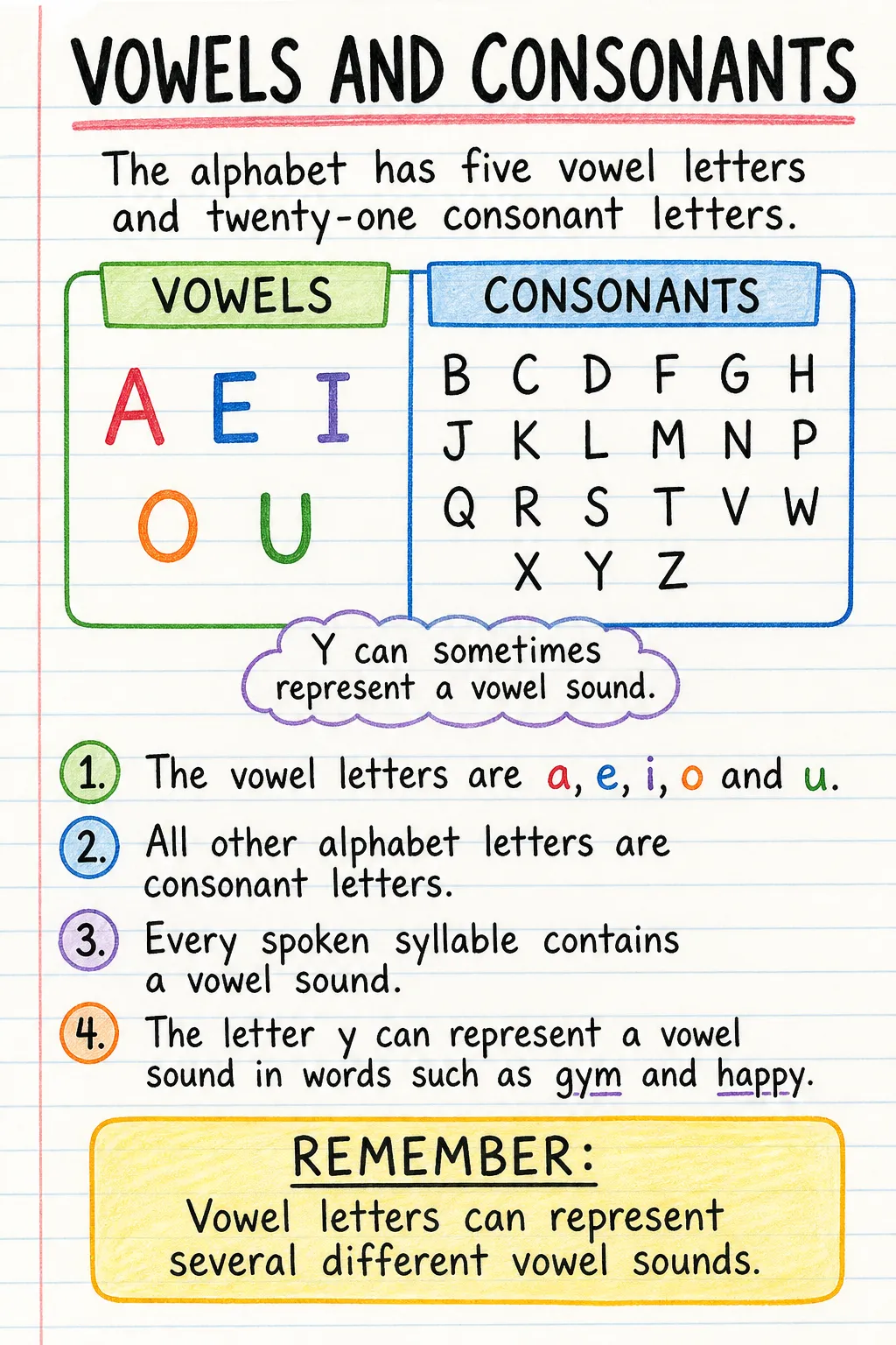 Vowels and consonants: a handwritten, illustrated one-page guide for primary school.