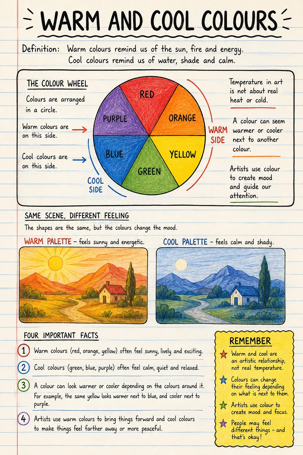 Warm and cool colours: a handwritten, illustrated one-page guide for primary school.