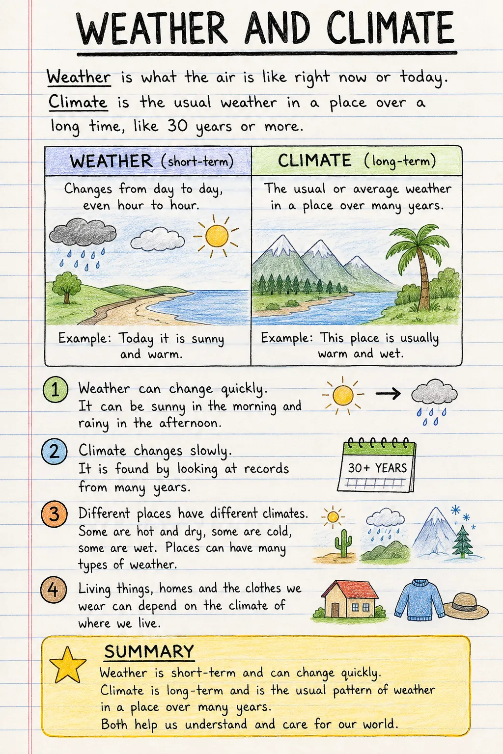 Weather and climate: a handwritten, illustrated one-page guide for primary school.