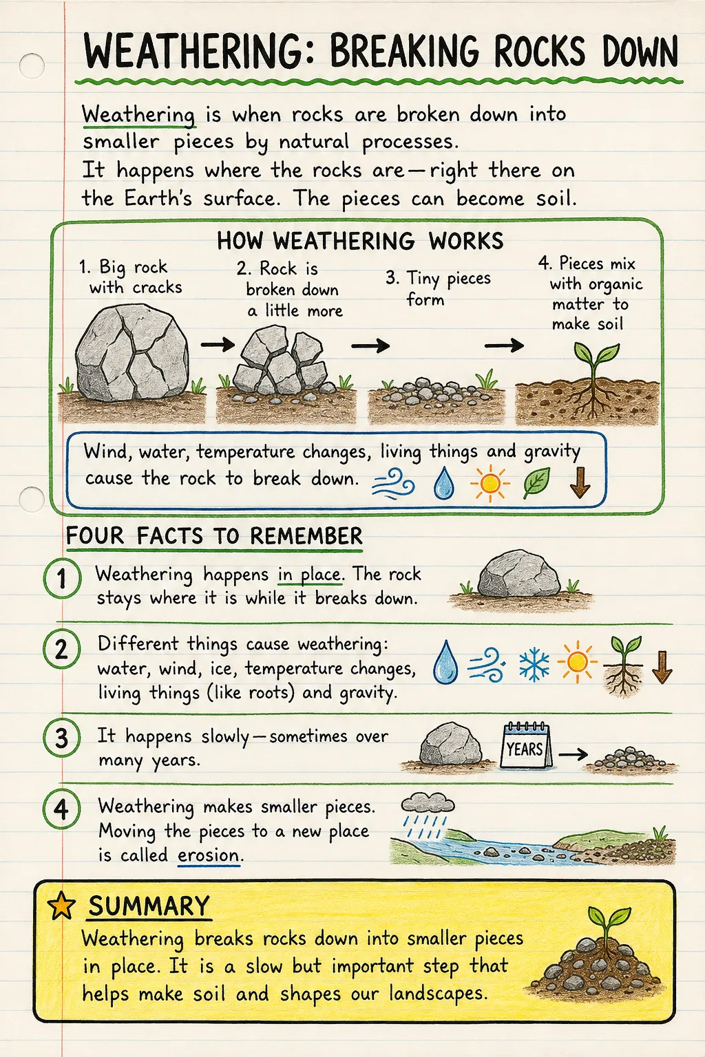 Weathering: breaking rocks down: a handwritten, illustrated one-page guide for primary school.