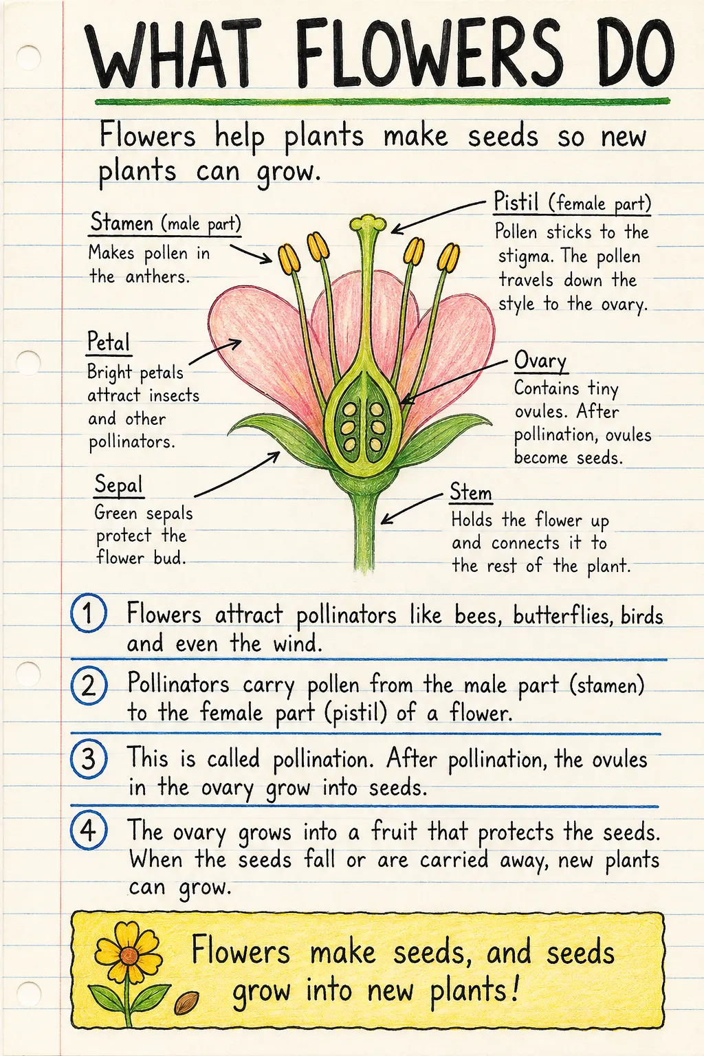 What flowers do: a handwritten, illustrated one-page guide for primary school.