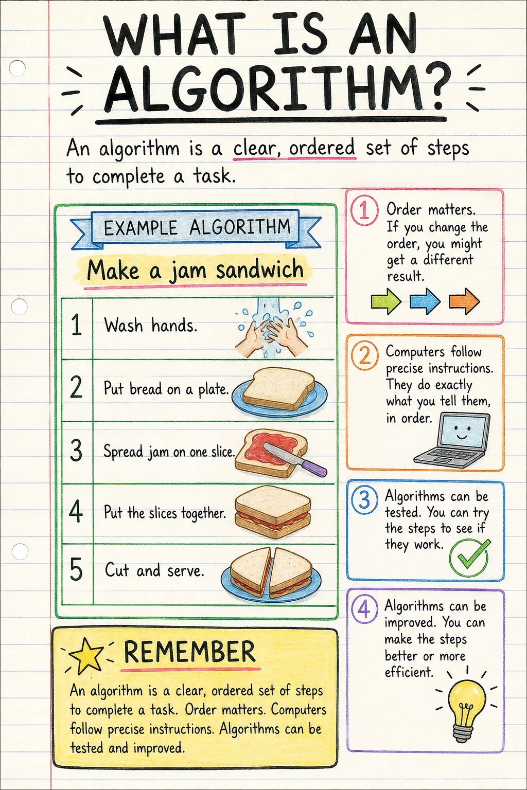 What is an algorithm?: una ficha manuscrita ilustrada de una página para primaria. El texto de la imagen está en inglés.