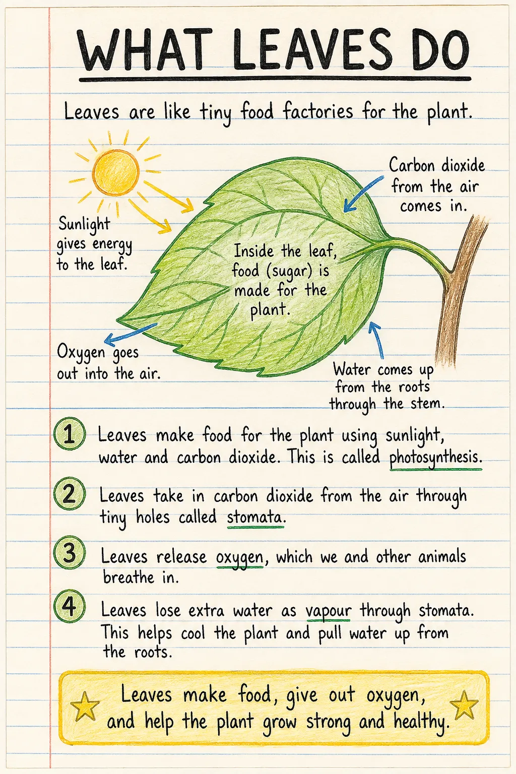What leaves do: a handwritten, illustrated one-page guide for primary school.